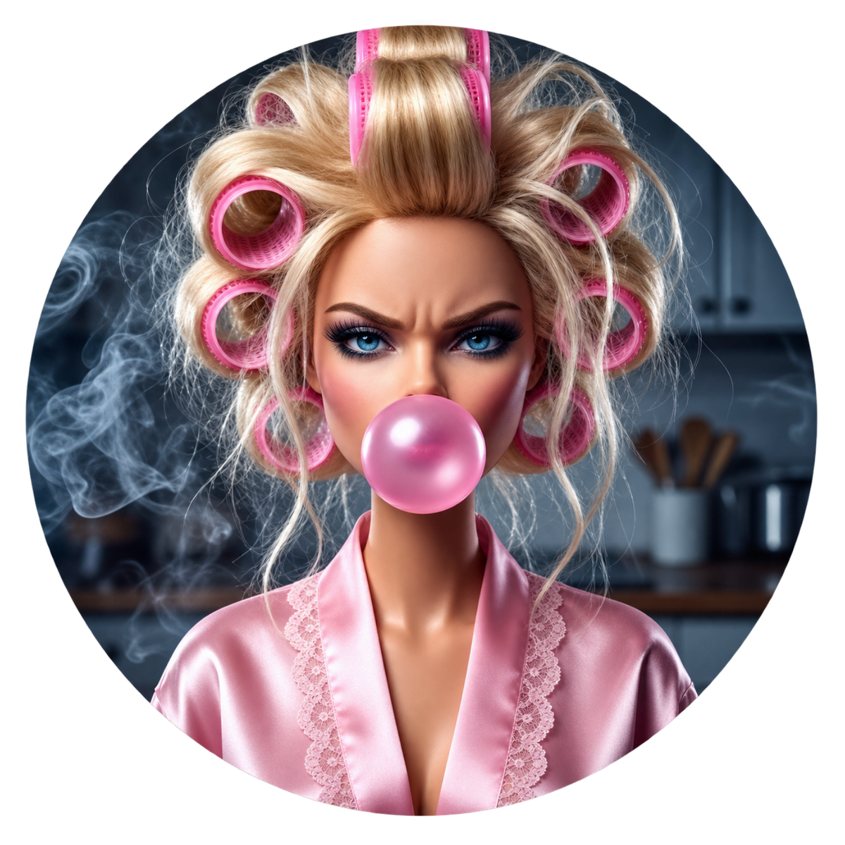 A circular portrait of a woman with blonde hair in pink curlers, wearing a pink satin robe and blowing a pink bubblegum bubble, set against a dark smoky kitchen background.
