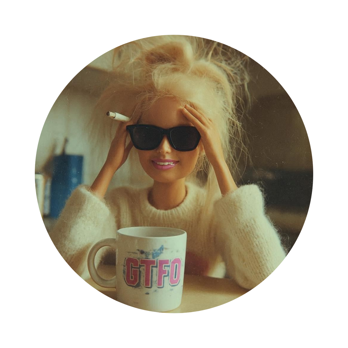 A circular vintage-style photograph of a blonde woman wearing black sunglasses and a cream knit sweater, holding a cigarette near her face, with a white mug featuring the text 'GTFO' in the foreground. The circular image is centered on a solid white background.