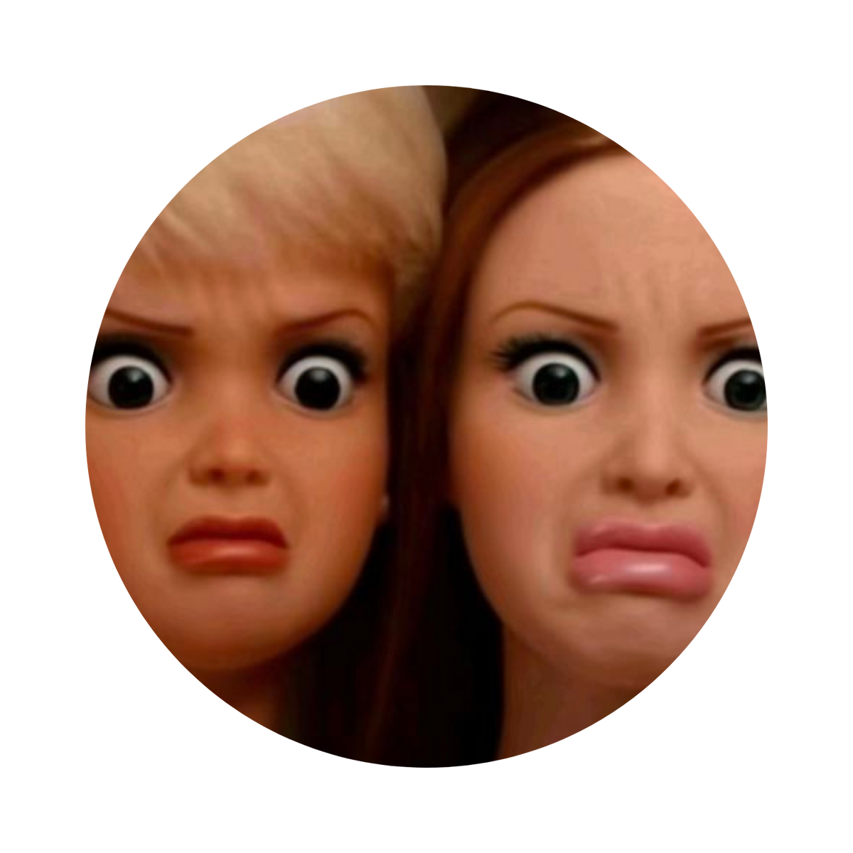 A circular close-up of two dolls or figurines with exaggerated cartoon eyes and distressed expressions, shown against a plain white background.