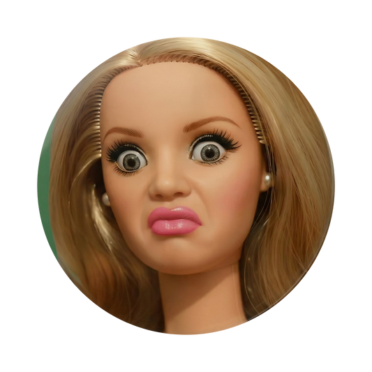 A circular close-up of a blonde doll or mannequin head with wide eyes, pink lips, and pearl earrings on a plain white background.