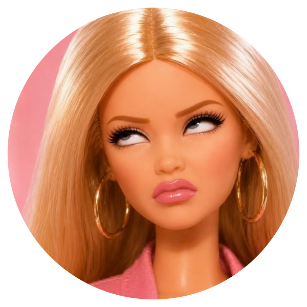 A close-up circular portrait of a blonde doll or fashion model with long straight hair, gold hoop earrings, and a pink top against a pink background.