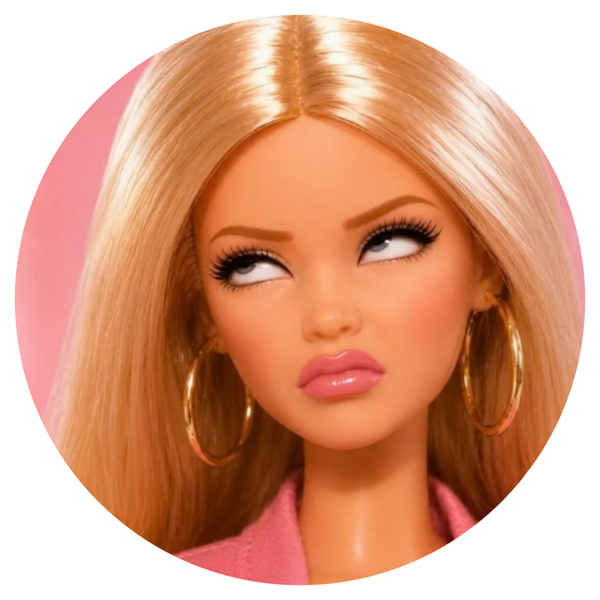 A close-up circular portrait of a blonde doll or fashion model with long straight hair, gold hoop earrings, and a pink top against a pink background.