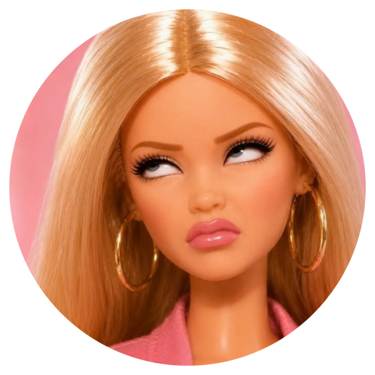 A close-up circular portrait of a blonde doll or fashion model with long straight hair, gold hoop earrings, and a pink top against a pink background.
