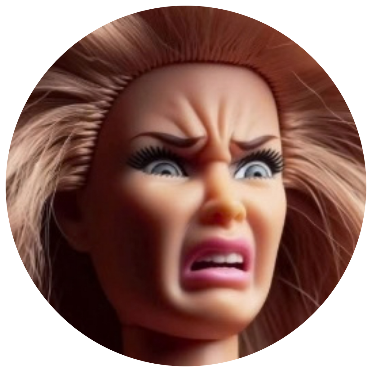 A close-up circular photo of a doll or toy character with an angry, shocked expression, brown hair, and pale skin against a black background.
