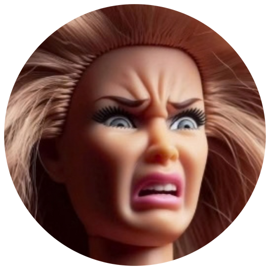 A close-up circular photo of a doll or toy character with an angry, shocked expression, brown hair, and pale skin against a black background.