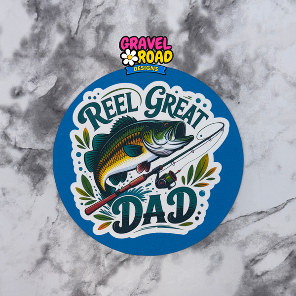 Round blue cardstock with fish and text 'Reel Great Dad' on a marble background