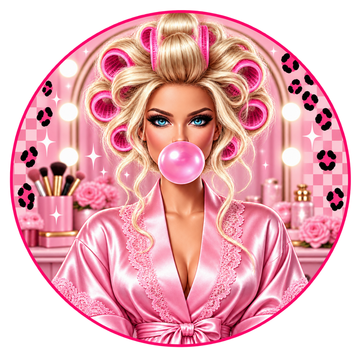 A circular graphic illustration of a glamorous blonde woman with pink hair curlers, a shiny pink satin robe, and a pink bubblegum bubble, set against a pink vanity background with makeup brushes and flowers.