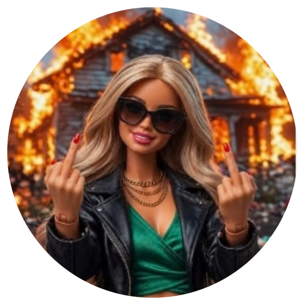 A circular avatar-style portrait of a woman with blonde hair, black sunglasses, red nail polish, a black leather jacket, and a green top, posing in front of a burning house background.