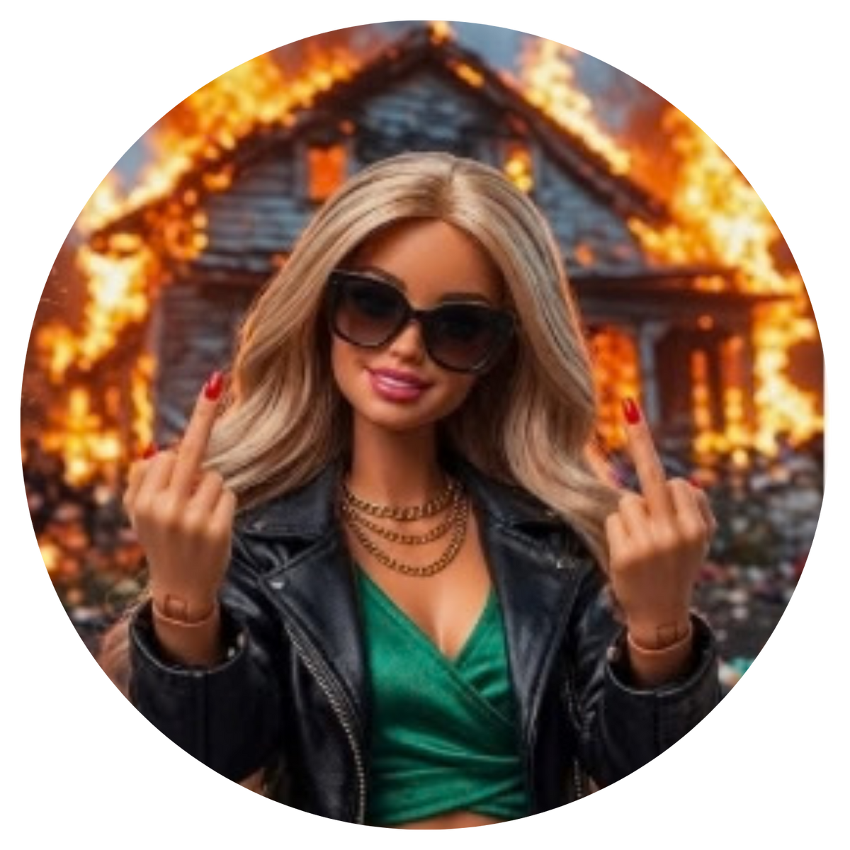 A circular avatar-style portrait of a woman with blonde hair, black sunglasses, red nail polish, a black leather jacket, and a green top, posing in front of a burning house background.
