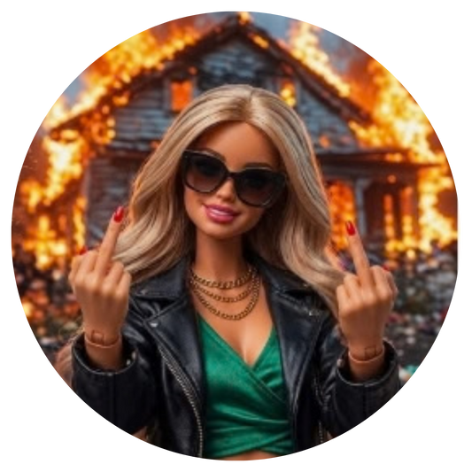 A circular avatar-style portrait of a woman with blonde hair, black sunglasses, red nail polish, a black leather jacket, and a green top, posing in front of a burning house background.