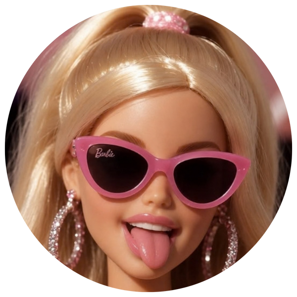 A close-up of a blonde Barbie doll wearing pink cat-eye sunglasses with the Barbie logo and large pink rhinestone hoop earrings, shown inside a circular frame on a white background.