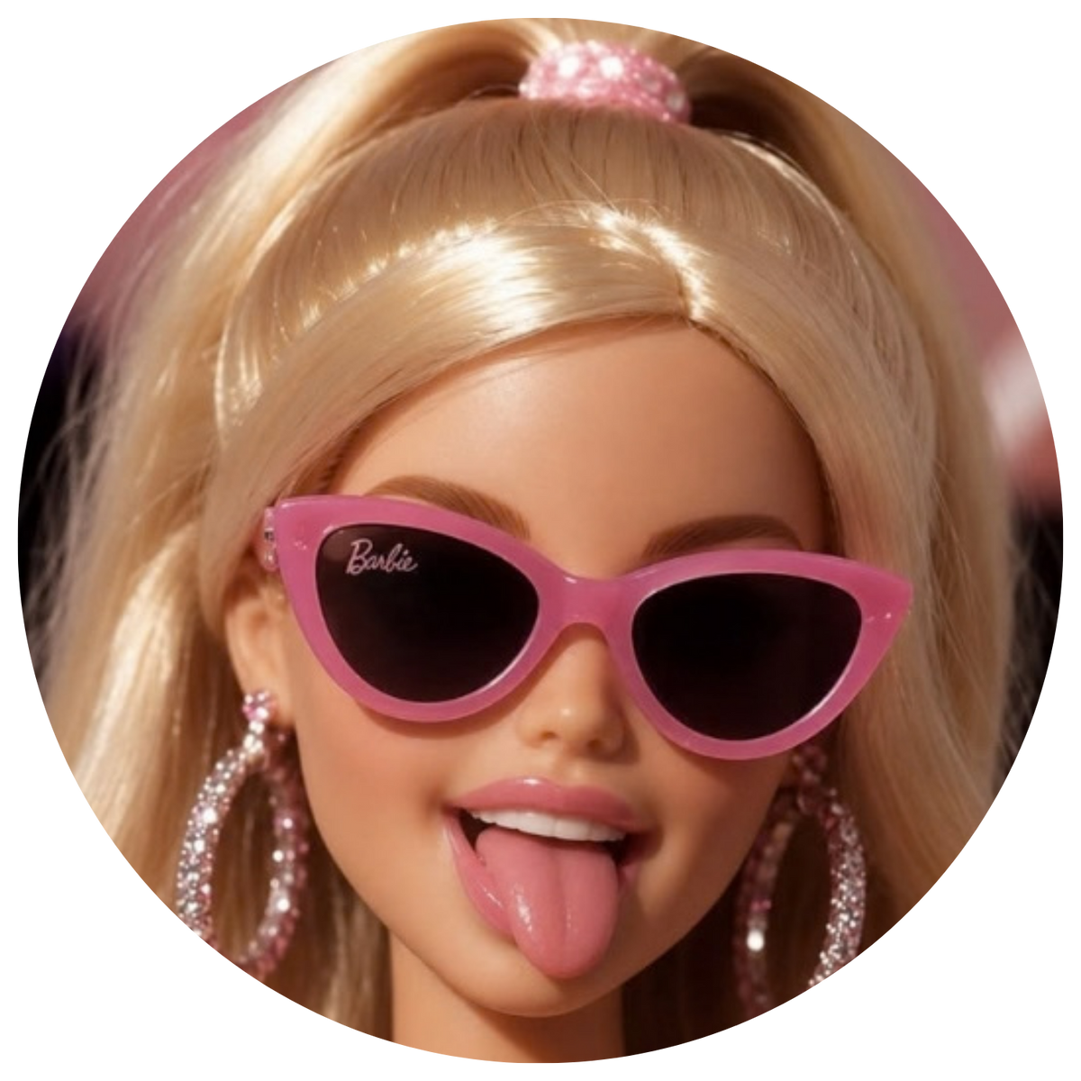 A close-up of a blonde Barbie doll wearing pink cat-eye sunglasses with the Barbie logo and large pink rhinestone hoop earrings, shown inside a circular frame on a white background.