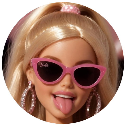 A close-up of a blonde Barbie doll wearing pink cat-eye sunglasses with the Barbie logo and large pink rhinestone hoop earrings, shown inside a circular frame on a white background.