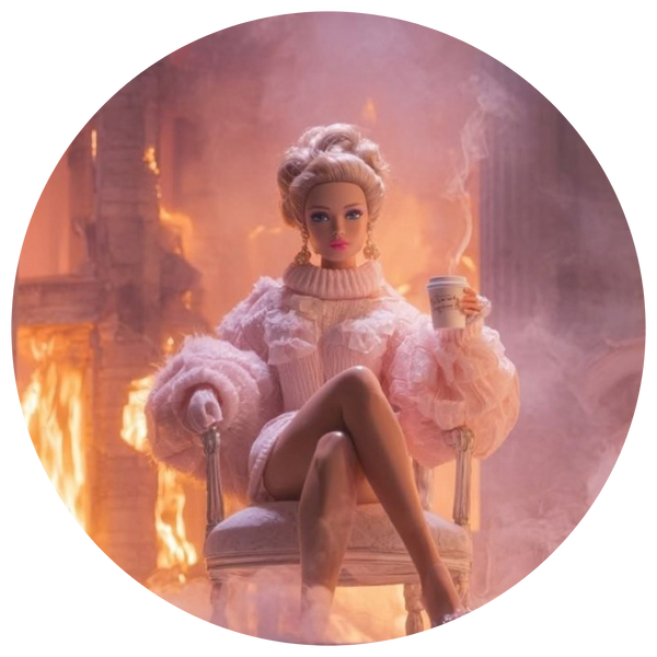 A doll with blonde hair styled in an updo sits in a chair holding a cup, wearing a fluffy light pink sweater and skirt, set against a smoky, fire-lit background inside a circular frame.