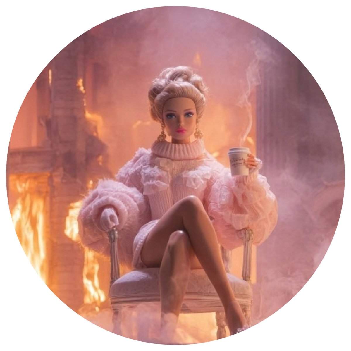 A doll with blonde hair styled in an updo sits in a chair holding a cup, wearing a fluffy light pink sweater and skirt, set against a smoky, fire-lit background inside a circular frame.