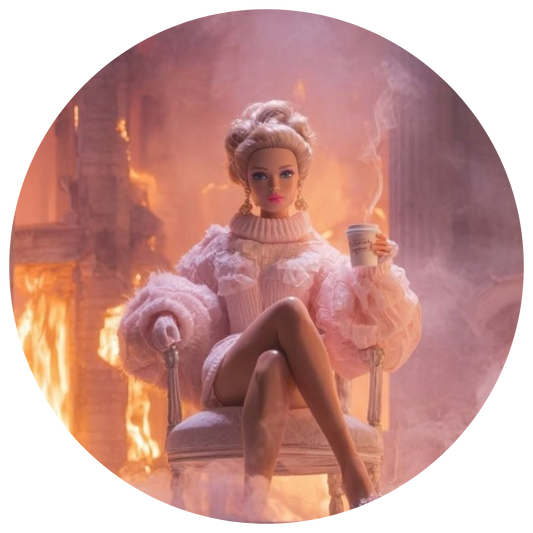 A doll with blonde hair styled in an updo sits in a chair holding a cup, wearing a fluffy light pink sweater and skirt, set against a smoky, fire-lit background inside a circular frame.