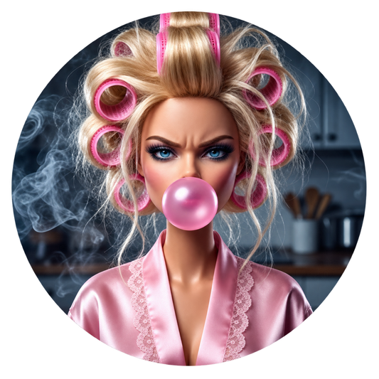 A circular portrait of a woman with blonde hair in pink curlers, wearing a pink satin robe and blowing a pink bubblegum bubble, set against a dark smoky kitchen background.