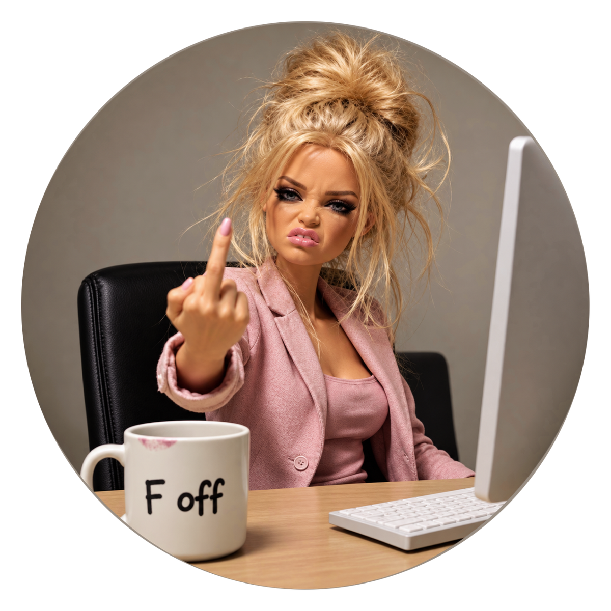 A circular lifestyle photo of a blonde woman with messy hair, wearing a pink blazer and top, pointing her middle finger while sitting at a desk with a computer keyboard, a mug with 'F off' written on it, and a gray background.