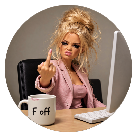 A circular lifestyle photo of a blonde woman with messy hair, wearing a pink blazer and top, pointing her middle finger while sitting at a desk with a computer keyboard, a mug with 'F off' written on it, and a gray background.