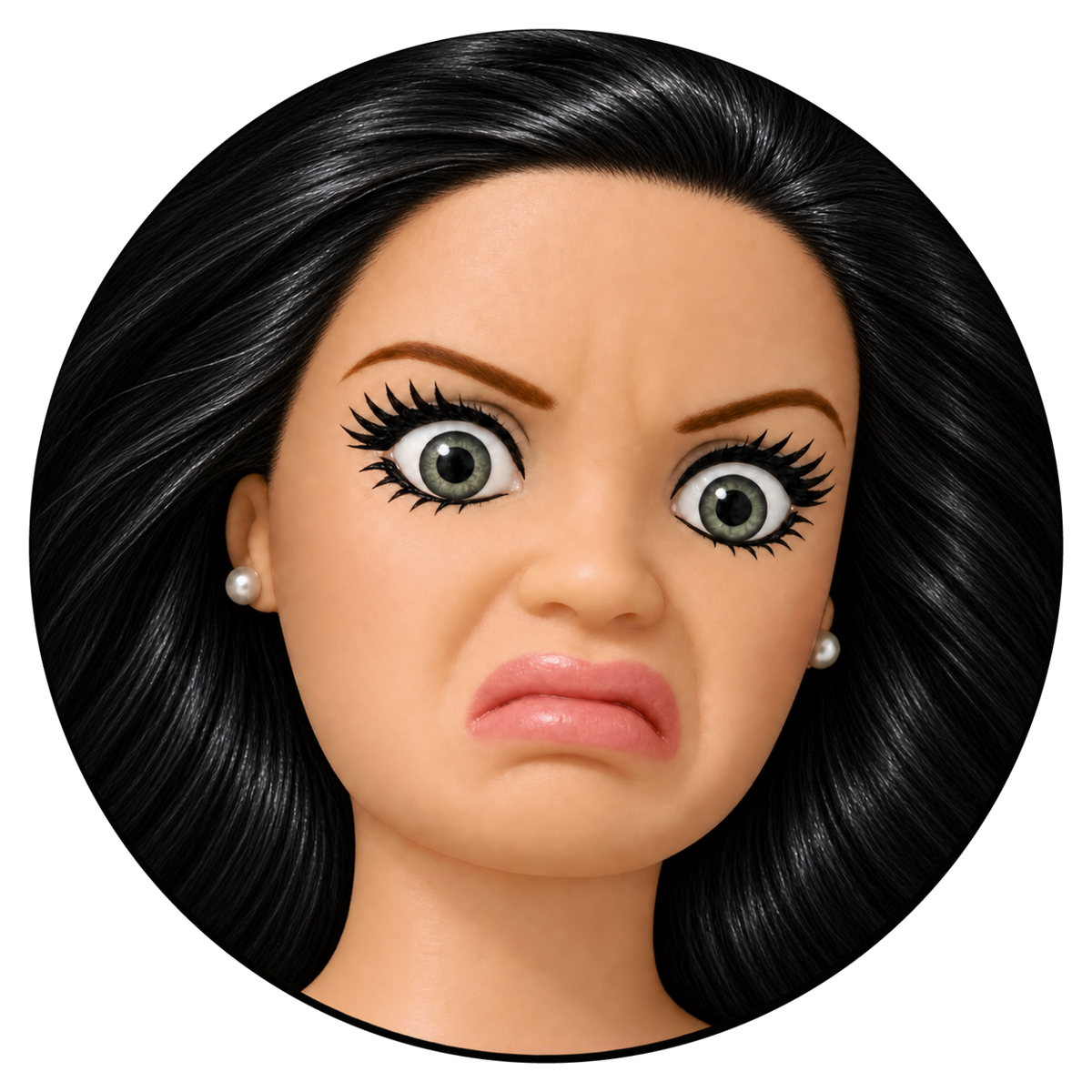 A circular close-up of a female doll or mannequin head with long black hair, large expressive eyes, and a pouting expression, shown on a plain white background.