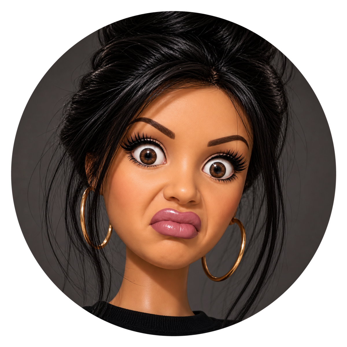 A close-up portrait of a doll or fashion figure with large expressive eyes, black hair, gold hoop earrings, and a black top, shown inside a circular frame on a dark gray background.
