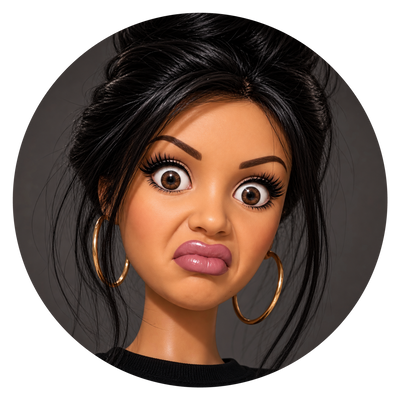 A close-up portrait of a doll or fashion figure with large expressive eyes, black hair, gold hoop earrings, and a black top, shown inside a circular frame on a dark gray background.