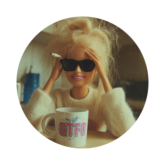 A circular vintage-style photograph of a blonde woman wearing black sunglasses and a cream knit sweater, holding a cigarette near her face, with a white mug featuring the text 'GTFO' in the foreground. The circular image is centered on a solid white background.