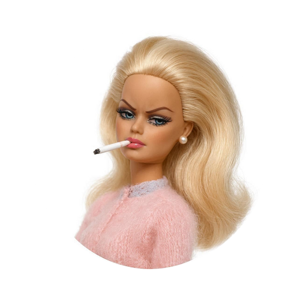 A blonde fashion doll with a cigarette in her mouth, wearing a pink fuzzy sweater and a light purple lace collar, shown against a plain white background.