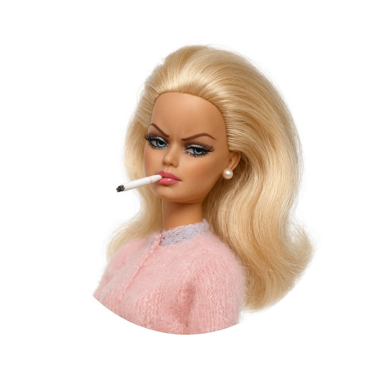 A blonde fashion doll with a cigarette in her mouth, wearing a pink fuzzy sweater and a light purple lace collar, shown against a plain white background.