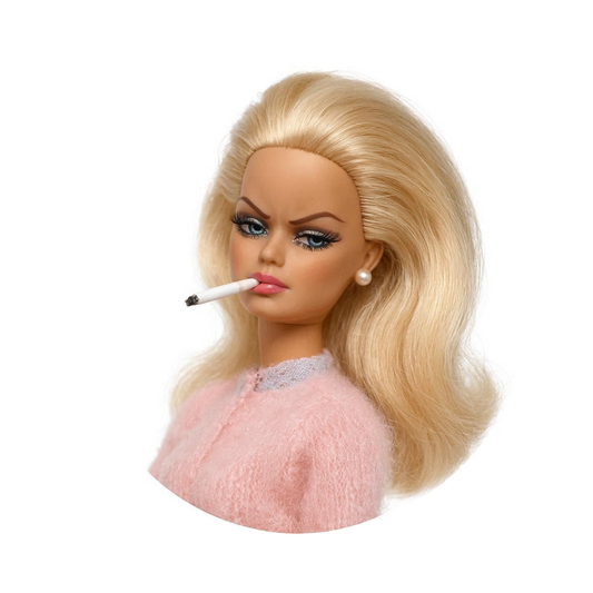 A blonde fashion doll with a cigarette in her mouth, wearing a pink fuzzy sweater and a light purple lace collar, shown against a plain white background.
