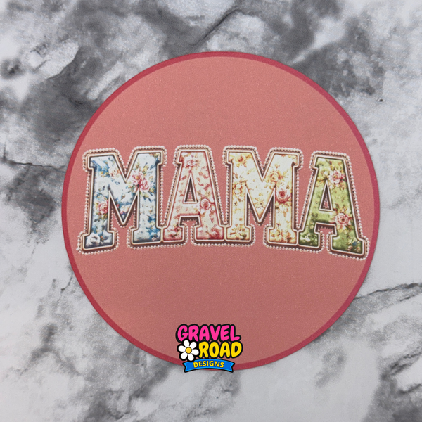 Decorative patch with 'MAMA' text on a pink circle against a marble background, featuring the Gravel Road Designs logo.