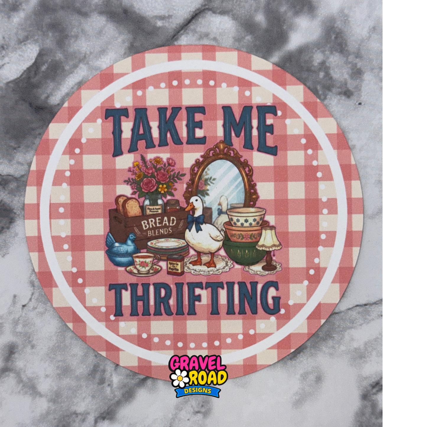 Round sticker with 'Take Me Thrifting' text on a checkered background, featuring vintage-style illustrations.