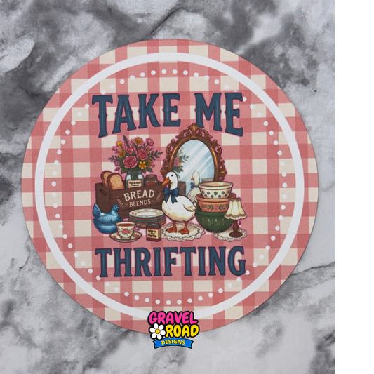 Round sticker with 'Take Me Thrifting' text on a checkered background, featuring vintage-style illustrations.