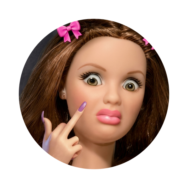 A close-up circular photo of a doll or mannequin head with brown hair, pink bows, and a hand touching its cheek, shown on a plain white background.