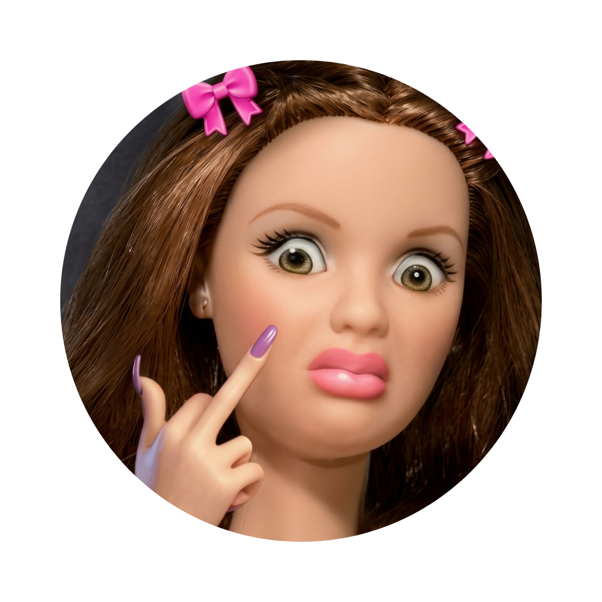 A close-up circular photo of a doll or mannequin head with brown hair, pink bows, and a hand touching its cheek, shown on a plain white background.