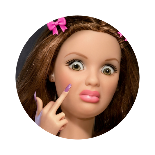 A close-up circular photo of a doll or mannequin head with brown hair, pink bows, and a hand touching its cheek, shown on a plain white background.