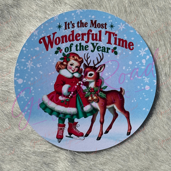A vintage Christmas illustration of a child in a red dress with white fur trim standing on a small ladder to place a golden star on top of a decorated Christmas tree, surrounded by wrapped presents, with the festive phrase “Merry & Bright” written above. Displayed on faux fur background.