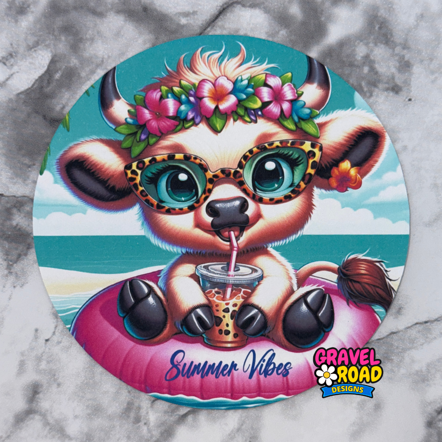 Circular design with a cartoon highland cow drinking from a cup, wearing sunglasses and a flower headband, on a marble background.