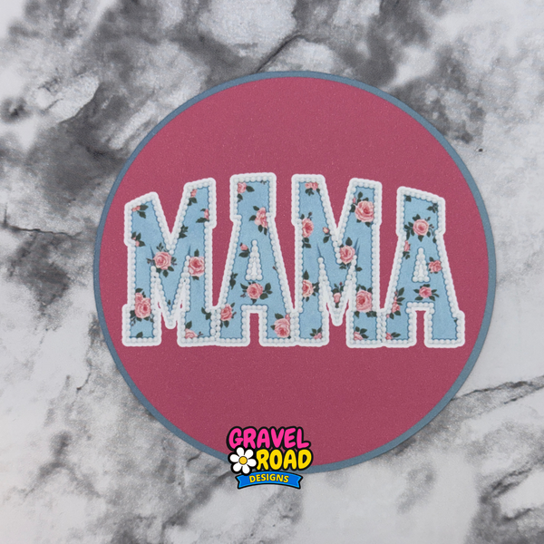 Circular cardstock printed in pink with the word 