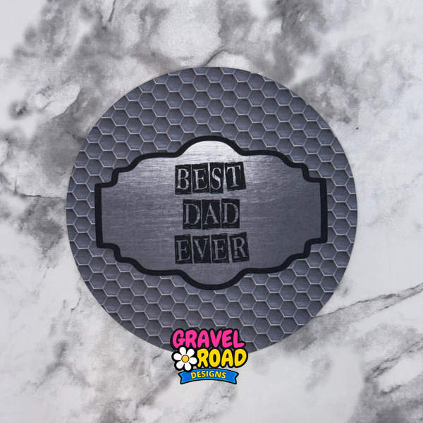 Round metallic-look cardstock with 'Best Dad Ever' text on a marble background, featuring Gravel Road Designs logo.