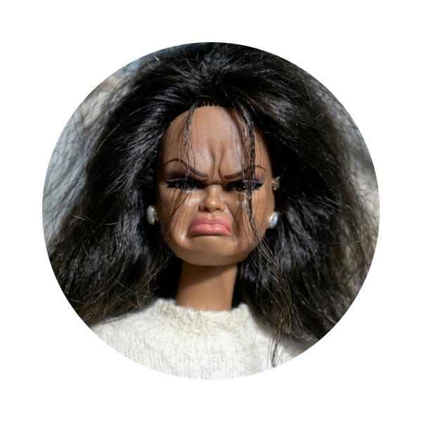 A close-up circular photo of a doll with a distressed, angry expression, wearing a cream knit top and small pearl-like earrings, isolated on a black background.