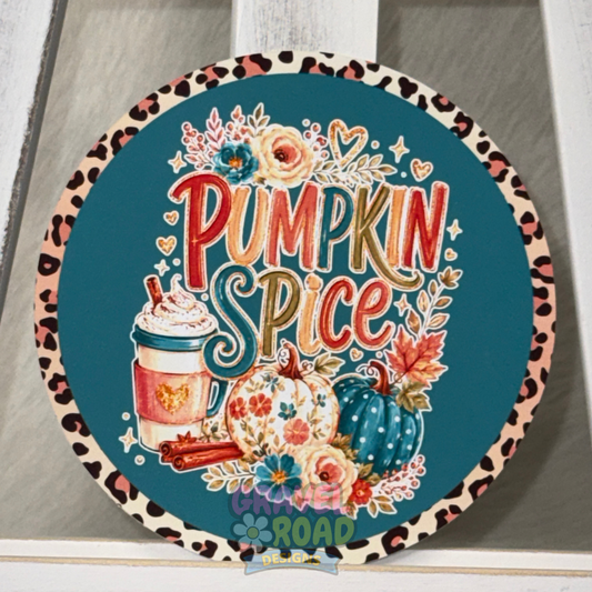 Round teal fall cardstock with a leopard-print border, pumpkins, flowers, a coffee cup, and the phrase “Pumpkin Spice.”