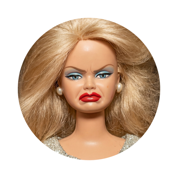 A circular close-up of a blonde fashion doll with dramatic blue eyeshadow, red lips, pearl earrings, and a sparkly silver top, isolated on a black background.