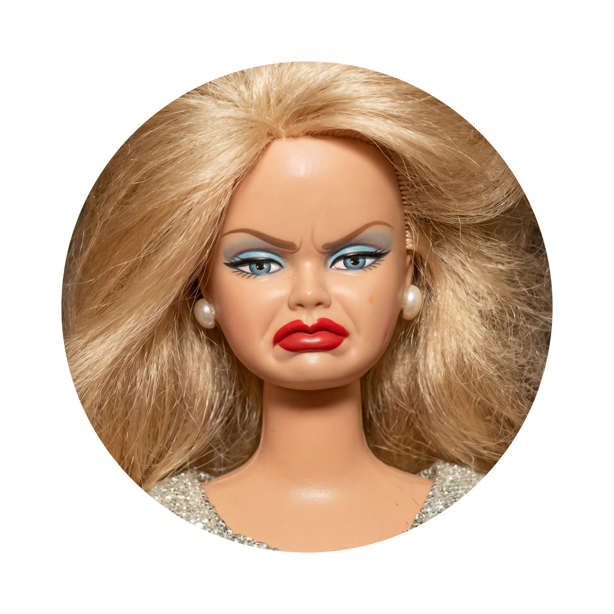 A circular close-up of a blonde fashion doll with dramatic blue eyeshadow, red lips, pearl earrings, and a sparkly silver top, isolated on a black background.