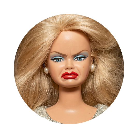 A circular close-up of a blonde fashion doll with dramatic blue eyeshadow, red lips, pearl earrings, and a sparkly silver top, isolated on a black background.