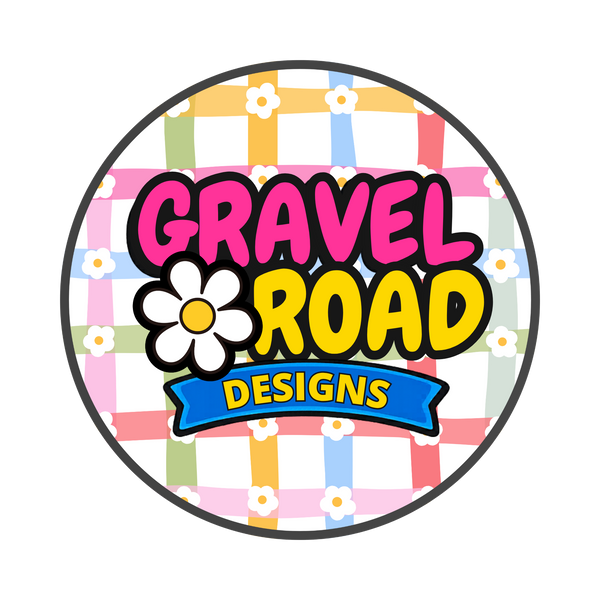 Circular logo for Gravel Road Designs with colorful checkered pattern and flower graphic.