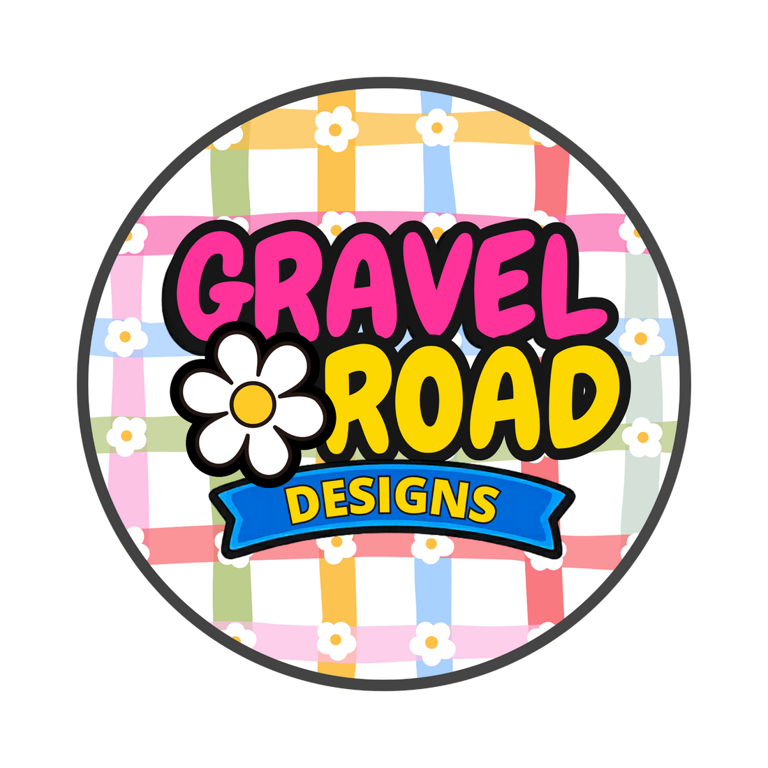 Circular logo for Gravel Road Designs with colorful checkered pattern and flower graphic.